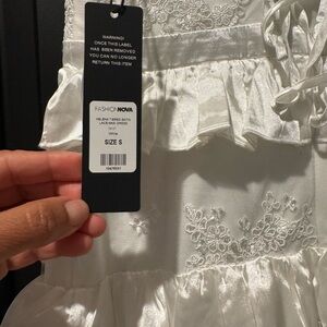 Fashion Nova White Satin Lace Tiered Maxi Dress with Ruffle Details